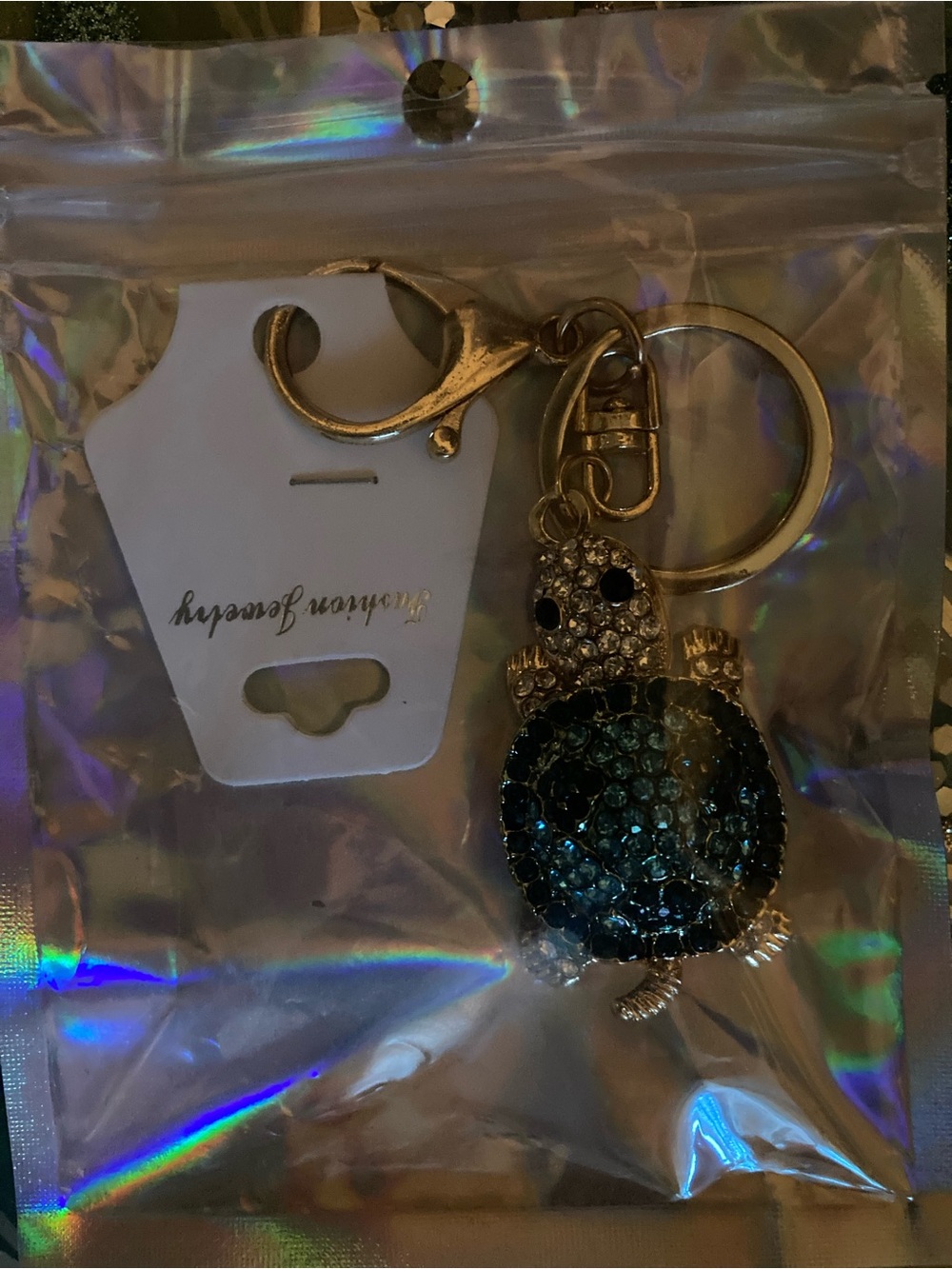 Source Unknown Gold-Tone Turtle Keychain with Teal & Clear Crystals